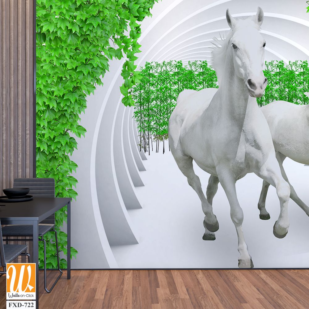 3D White Horse Wall Mural, [WP-FXD-722]