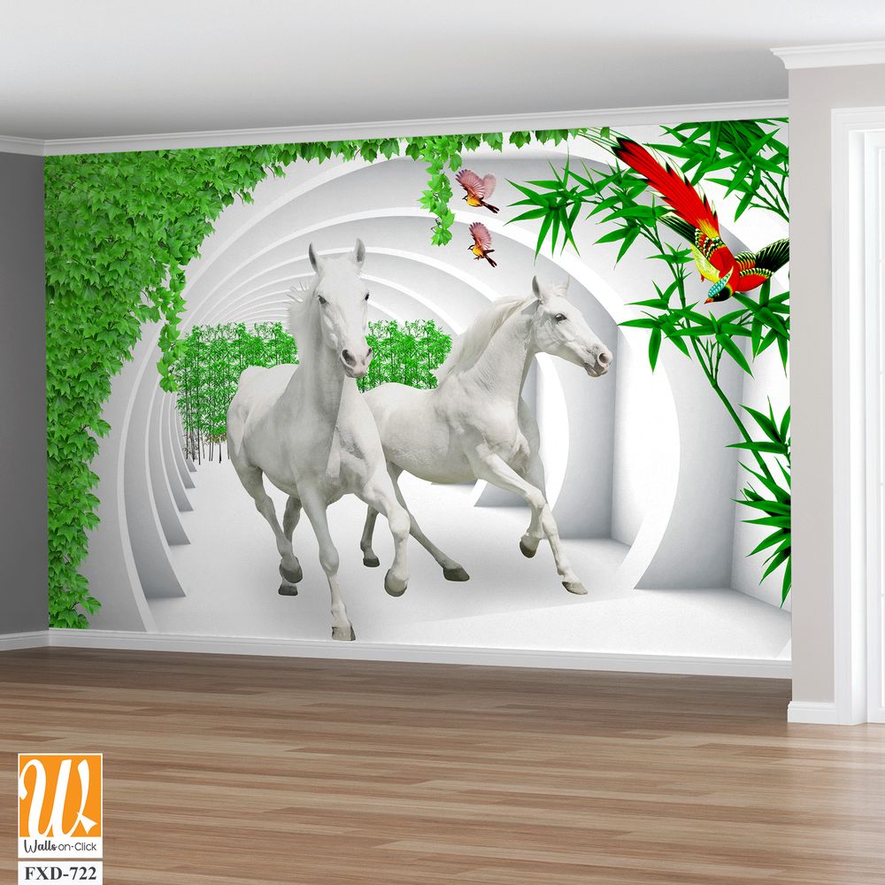 3D White Horse Wall Mural, [WP-FXD-722]