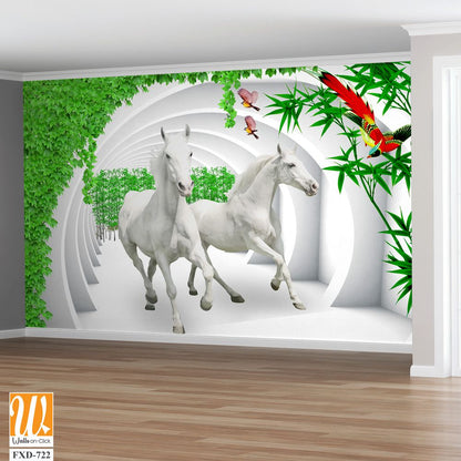 3D White Horse Wall Mural, [WP-FXD-722]