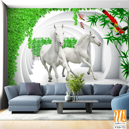 3D White Horse Wall Mural, [WP-FXD-722]