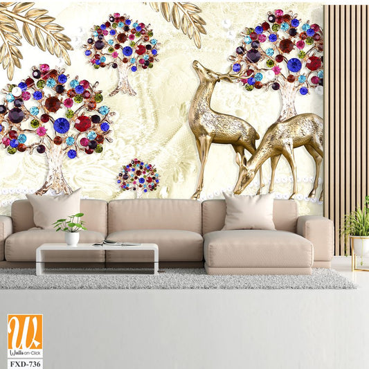 3D textured trees with colorful jewels, pearls, and deer Wallpaper [WP-FXD-736]