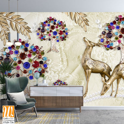 3D textured trees with colorful jewels, pearls, and deer Wallpaper [WP-FXD-736]