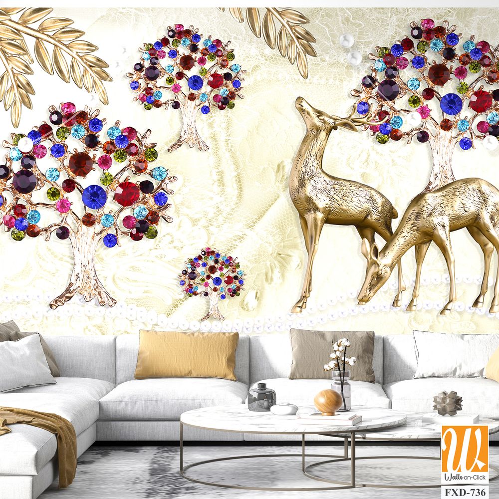 3D textured trees with colorful jewels, pearls, and deer Wallpaper [WP-FXD-736]