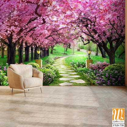 Beautiful cherry blossom trees in full bloom Wallpaper [WP-FXD-738]