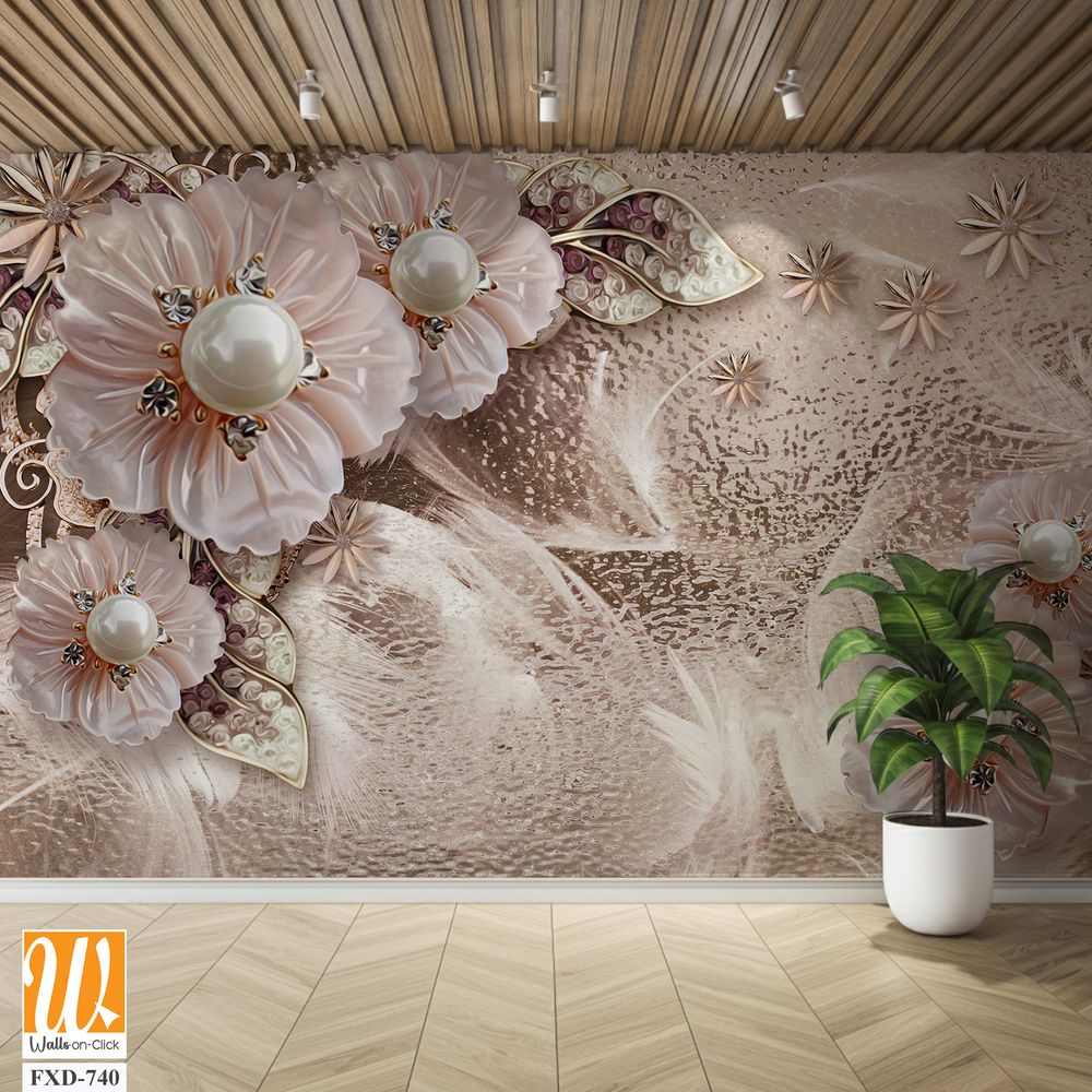 3D wallpaper with pink and beige flowers, pearls, and diamonds [WP-FXD-740]