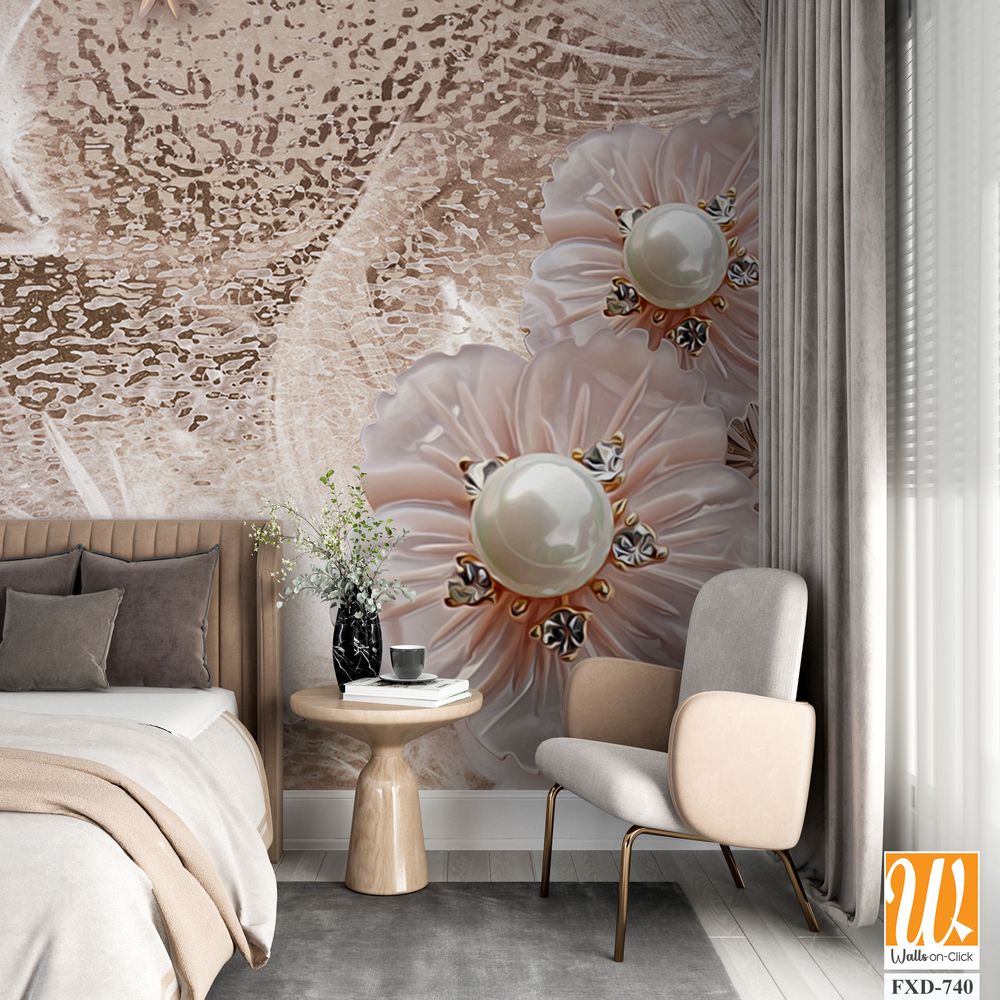 3D wallpaper with pink and beige flowers, pearls, and diamonds [WP-FXD-740]