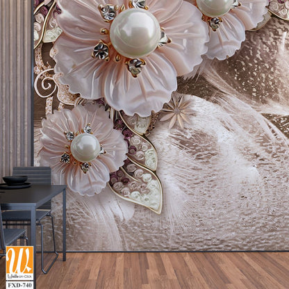 3D wallpaper with pink and beige flowers, pearls, and diamonds [WP-FXD-740]