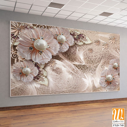 3D wallpaper with pink and beige flowers, pearls, and diamonds [WP-FXD-740]