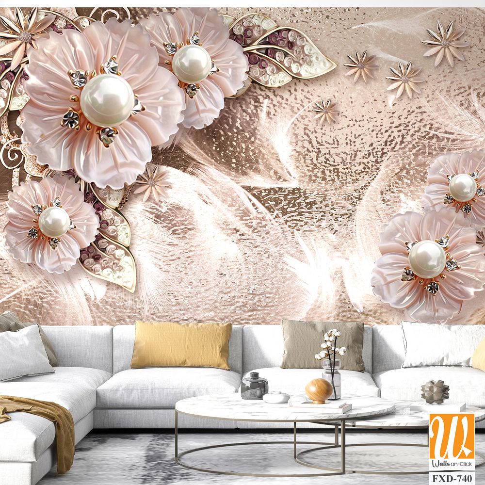 3D wallpaper with pink and beige flowers, pearls, and diamonds [WP-FXD-740]