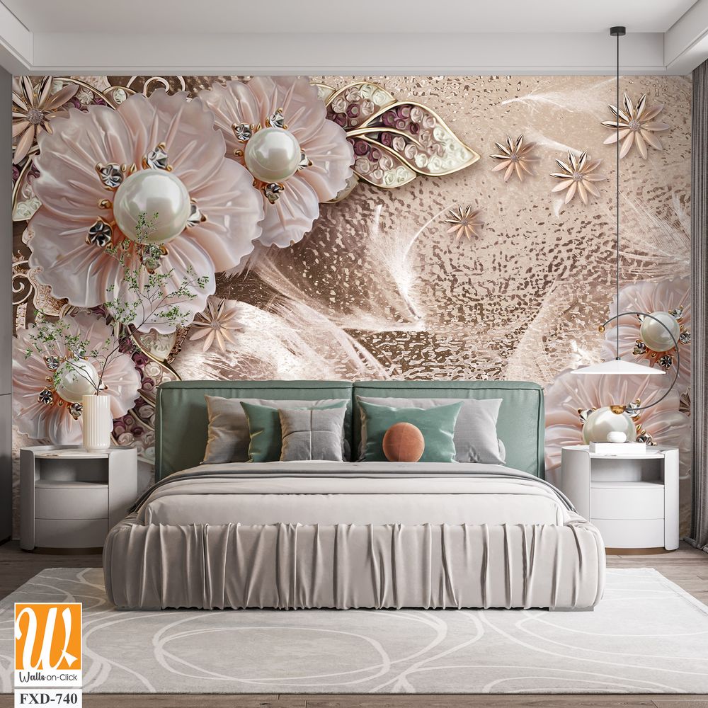 3D wallpaper with pink and beige flowers, pearls, and diamonds [WP-FXD-740]