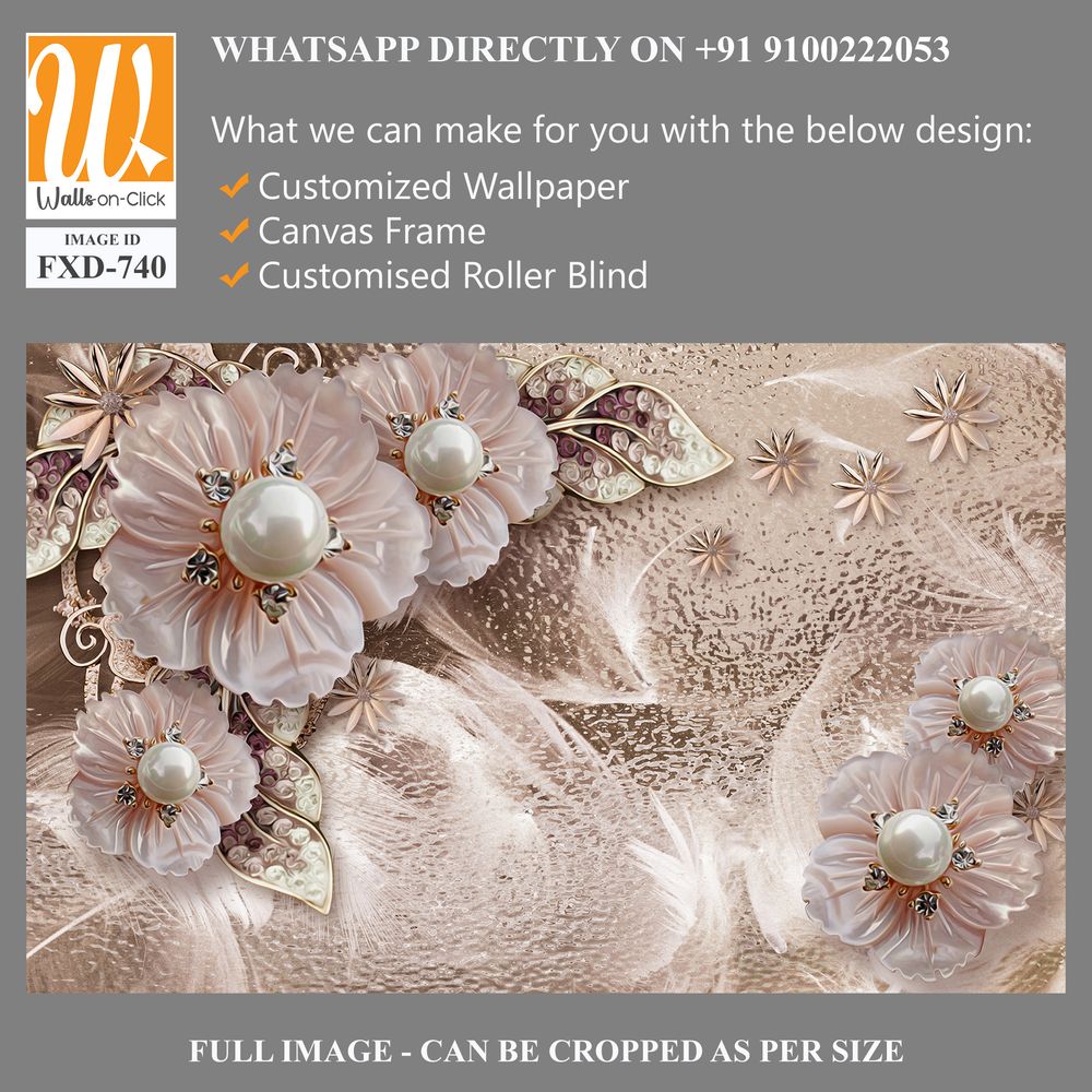 3D wallpaper with pink and beige flowers, pearls, and diamonds [WP-FXD-740]