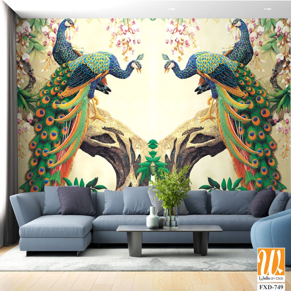 Traditional decorative pattern of two peacocks Wallpaper [WP-FXD-749]