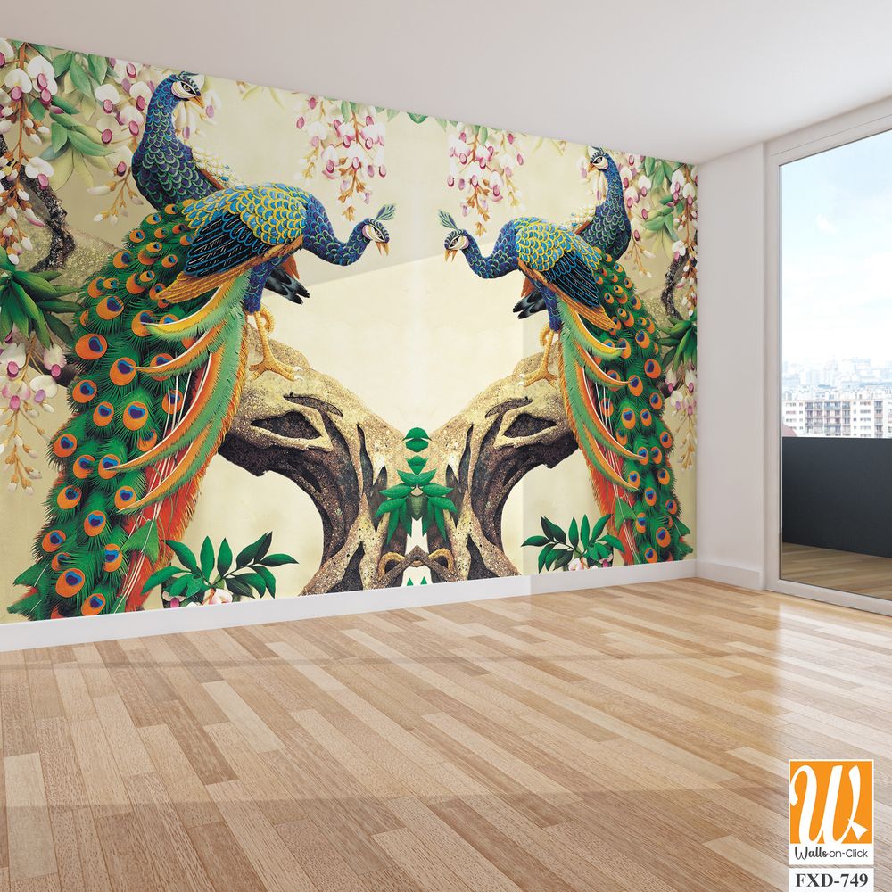 Traditional decorative pattern of two peacocks Wallpaper [WP-FXD-749]