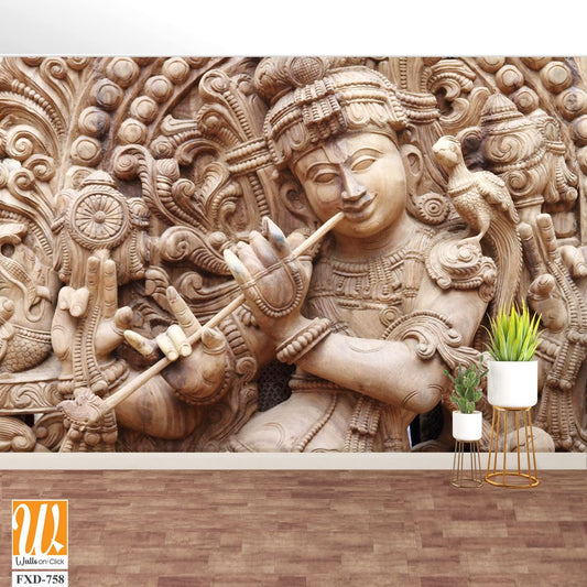 Wooden carving of Lord Krishna playing the flute Wallpaper [WP-FXD-758]