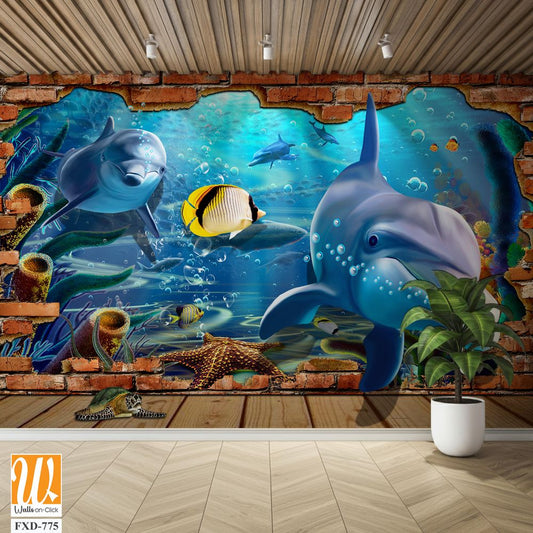 Cartoon mural depicting a brick wall with dolphins Wallpaper [WP-FXD-775]