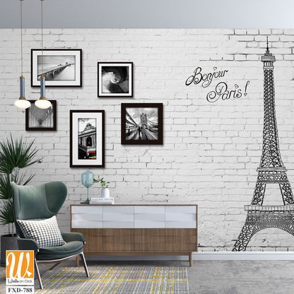 White brick wall with photo frames Wallpaper [WP-FXD-788]