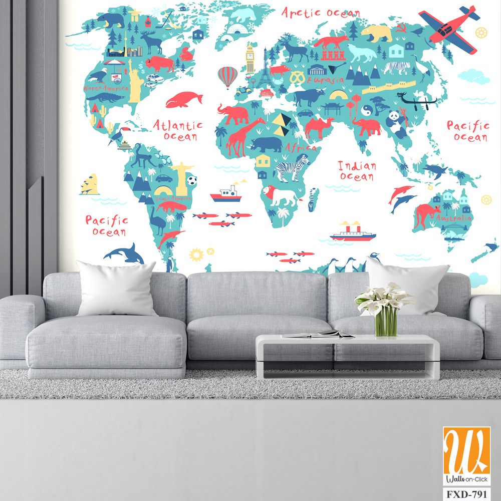 Colorful world map with icons of different animals and landmasses Wallpaper [WP-FXD-791]