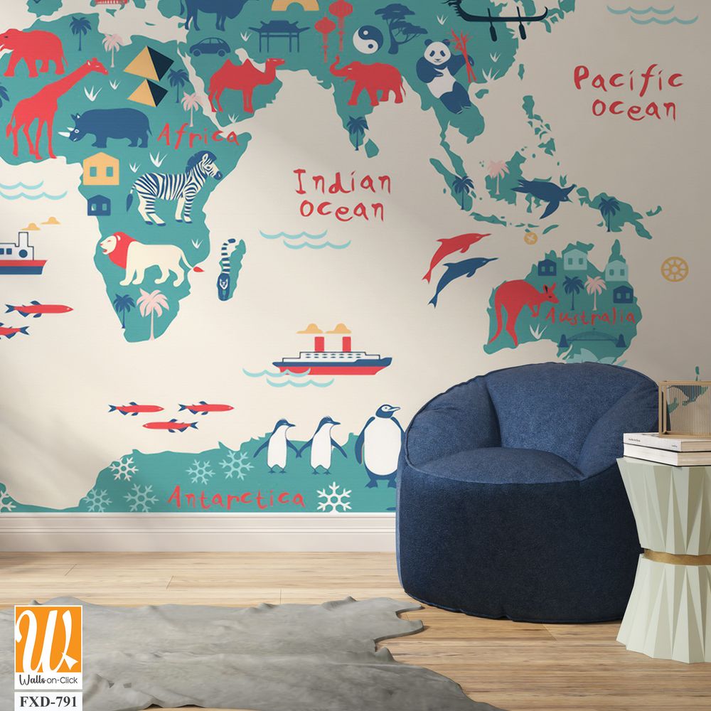 Colorful world map with icons of different animals and landmasses Wallpaper [WP-FXD-791]