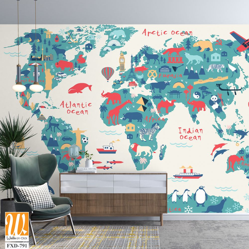 Colorful world map with icons of different animals and landmasses Wallpaper [WP-FXD-791]