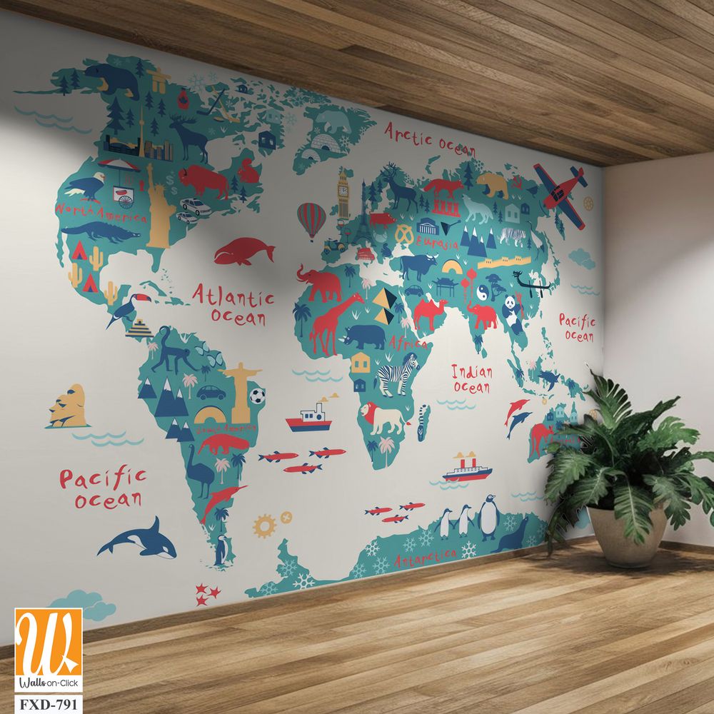 Colorful world map with icons of different animals and landmasses Wallpaper [WP-FXD-791]