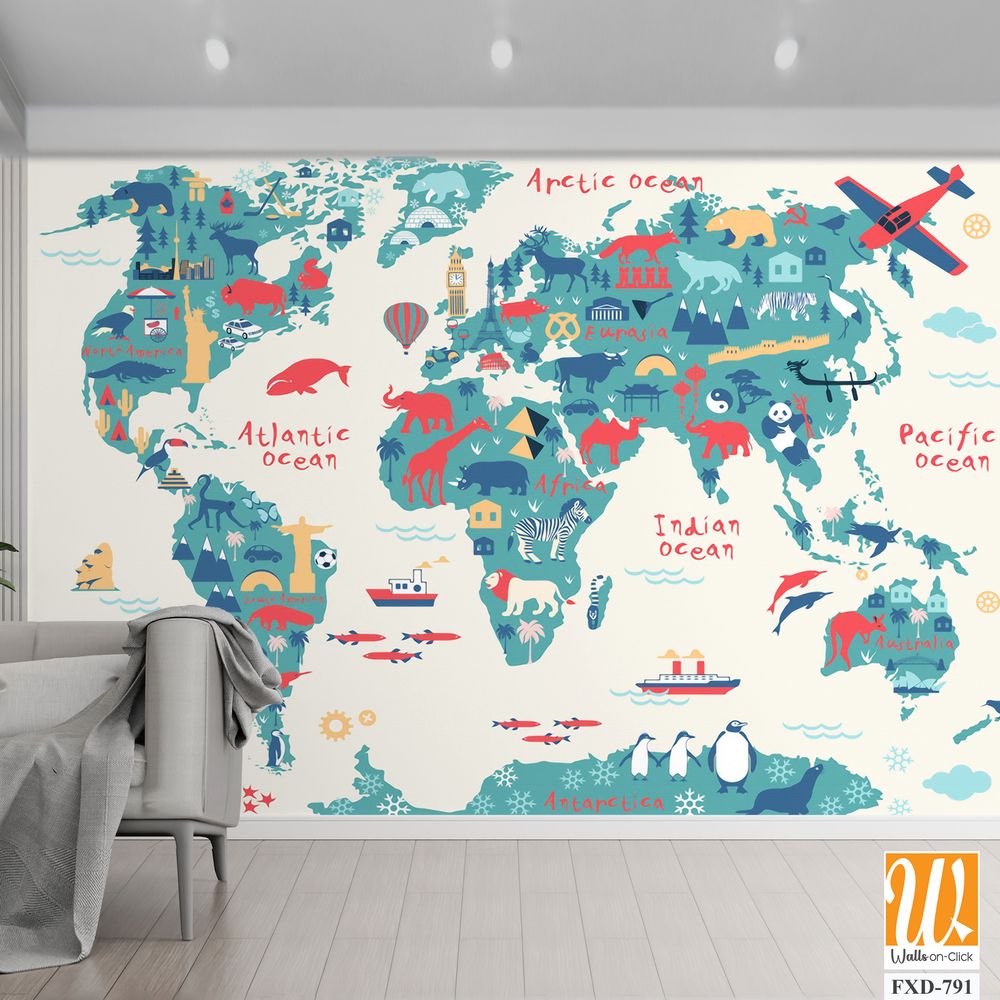 Colorful world map with icons of different animals and landmasses Wallpaper [WP-FXD-791]