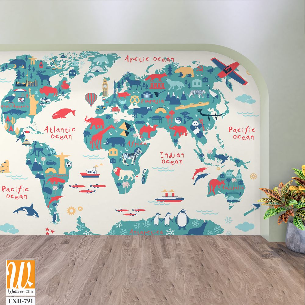 Colorful world map with icons of different animals and landmasses Wallpaper [WP-FXD-791]