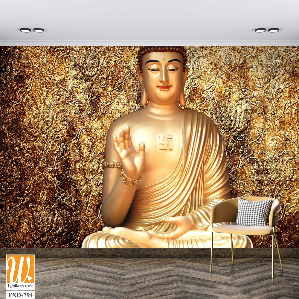 Golden Buddha statue with a hand gesture, set against a golden wall Wallpaper [WP-FXD-794]