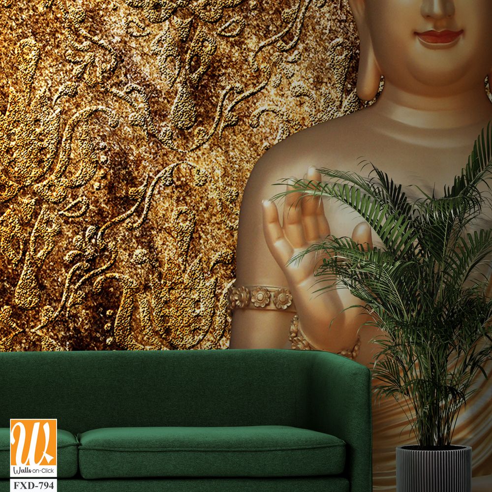 Golden Buddha statue with a hand gesture, set against a golden wall Wallpaper [WP-FXD-794]