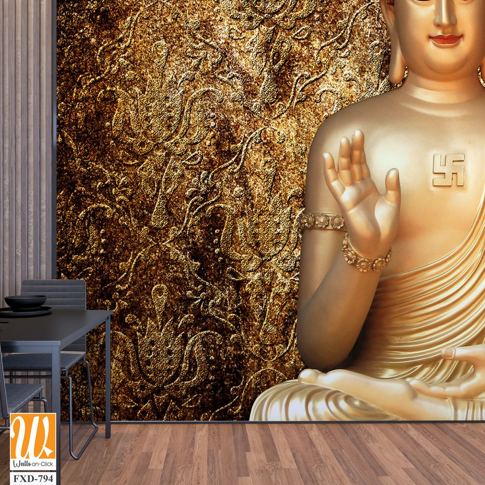 Golden Buddha statue with a hand gesture, set against a golden wall Wallpaper [WP-FXD-794]