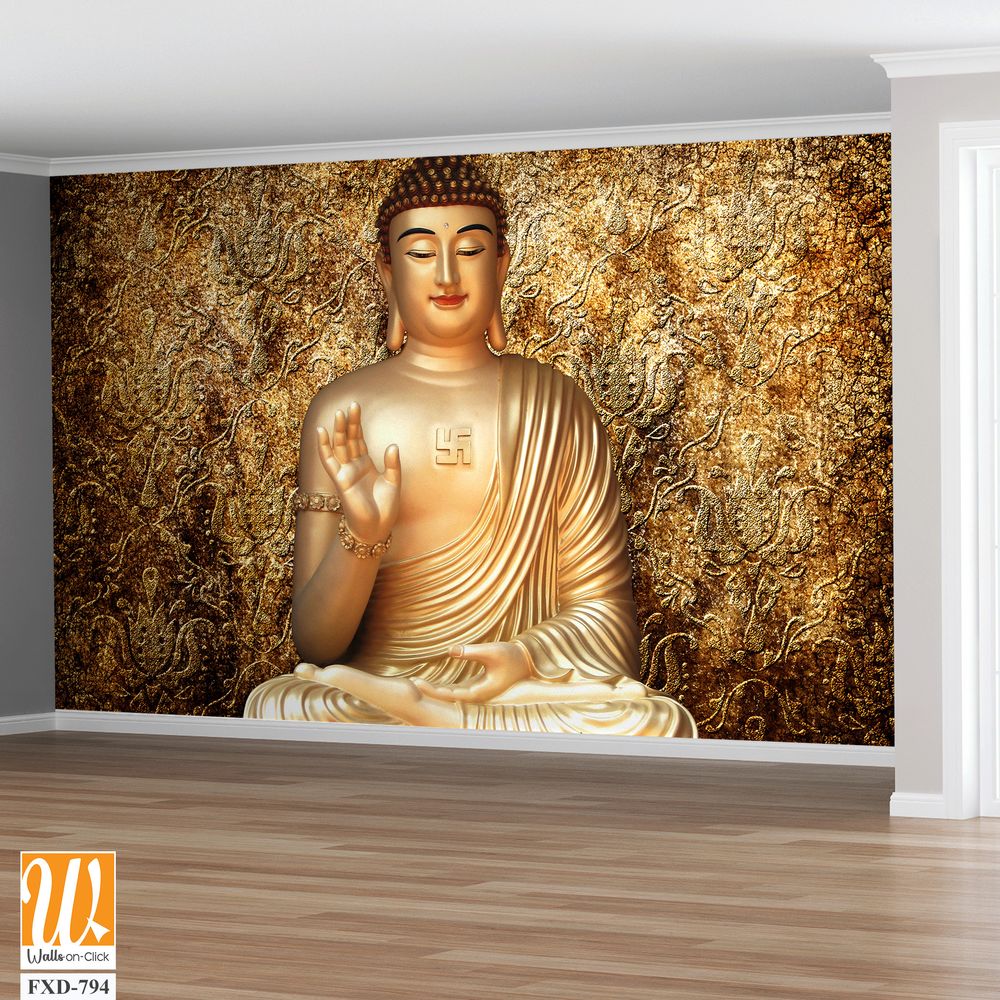 Golden Buddha statue with a hand gesture, set against a golden wall Wallpaper [WP-FXD-794]