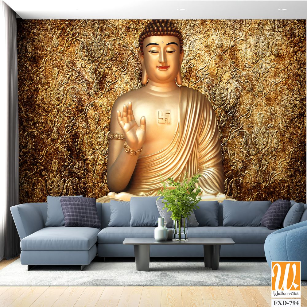 Golden Buddha statue with a hand gesture, set against a golden wall Wallpaper [WP-FXD-794]