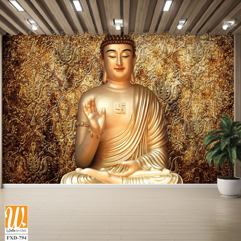 Golden Buddha statue with a hand gesture, set against a golden wall Wallpaper [WP-FXD-794]