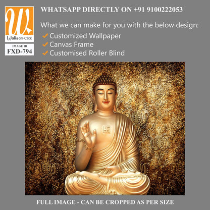 Golden Buddha statue with a hand gesture, set against a golden wall Wallpaper [WP-FXD-794]