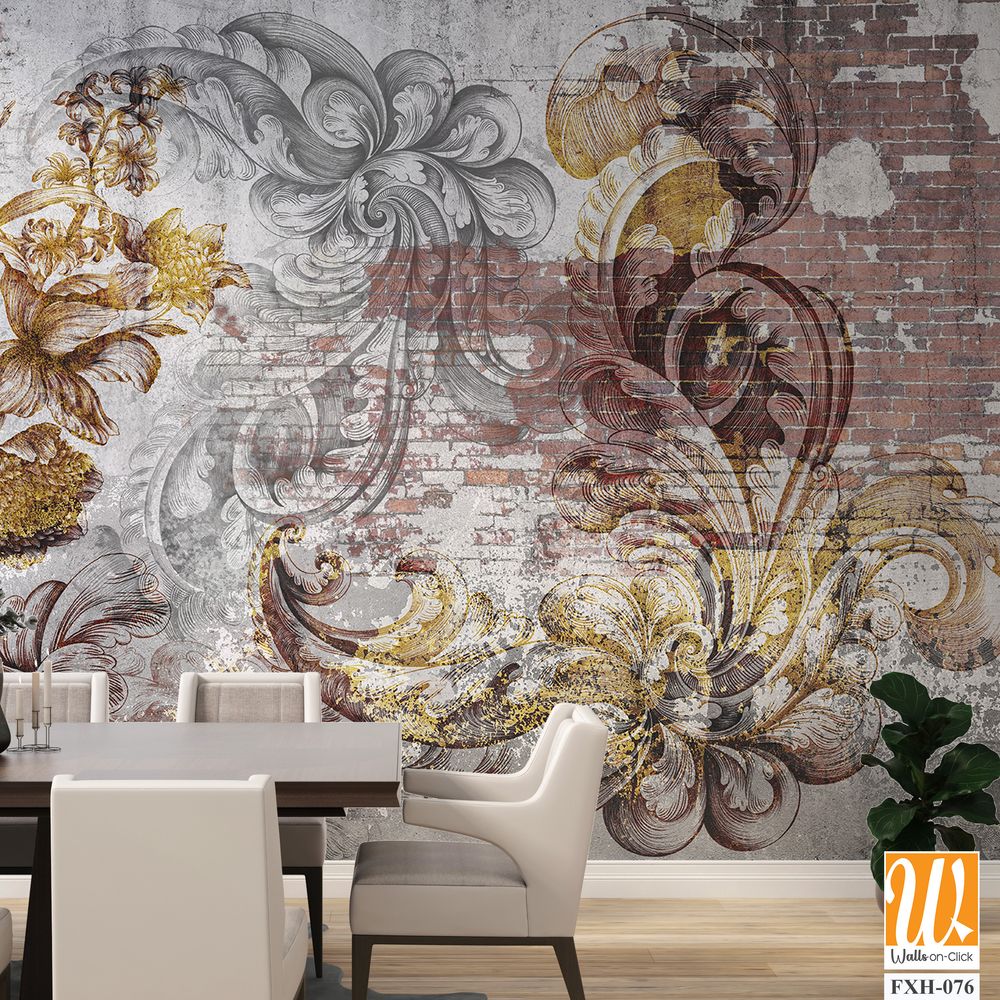 Wall mural, wallpaper, engraving on the wall, in the style of a loft. Flowers on a brick wall. Beautiful patterns on the wall. Mural design. Design loft, classic, modern. [WP-FXH-076]