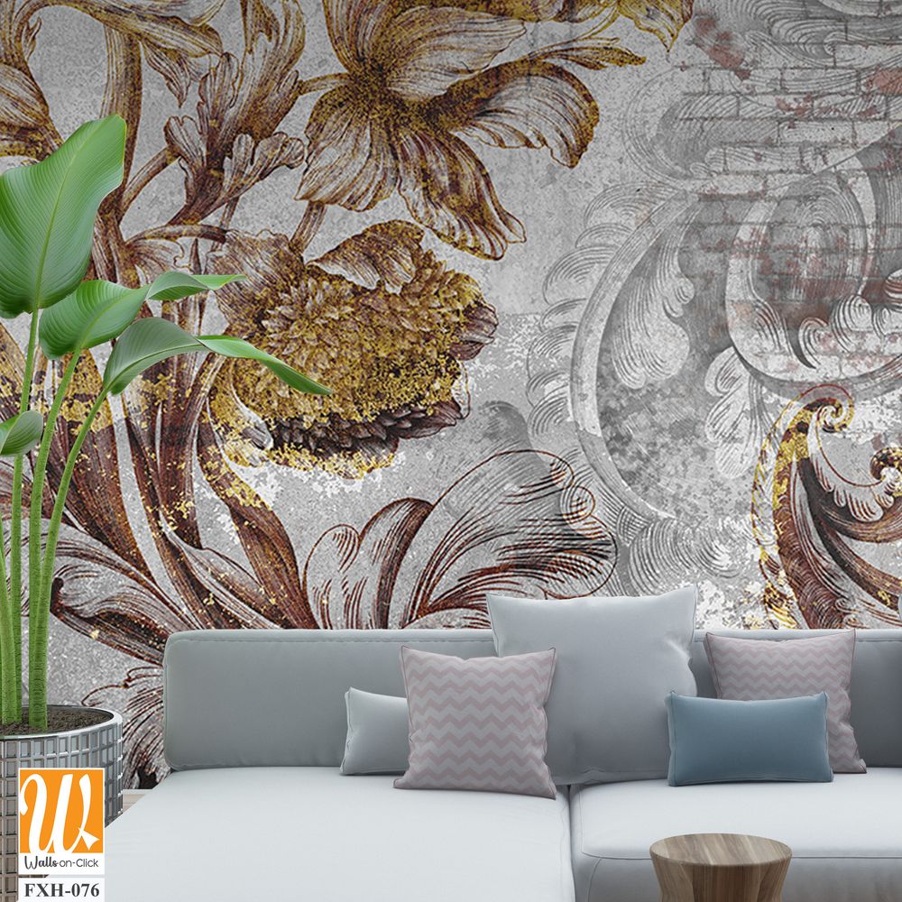 Wall mural, wallpaper, engraving on the wall, in the style of a loft. Flowers on a brick wall. Beautiful patterns on the wall. Mural design. Design loft, classic, modern. [WP-FXH-076]