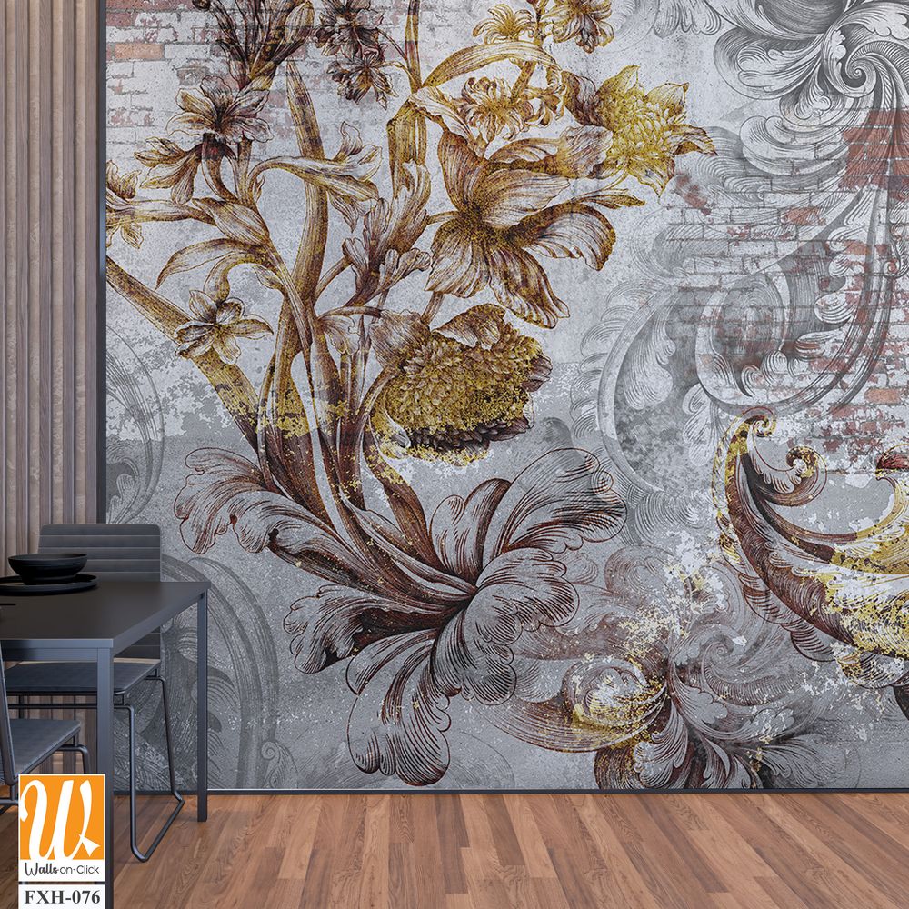 Wall mural, wallpaper, engraving on the wall, in the style of a loft. Flowers on a brick wall. Beautiful patterns on the wall. Mural design. Design loft, classic, modern. [WP-FXH-076]