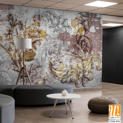 Wall mural, wallpaper, engraving on the wall, in the style of a loft. Flowers on a brick wall. Beautiful patterns on the wall. Mural design. Design loft, classic, modern. [WP-FXH-076]