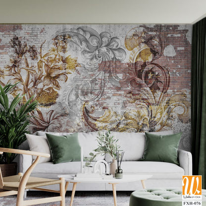 Wall mural, wallpaper, engraving on the wall, in the style of a loft. Flowers on a brick wall. Beautiful patterns on the wall. Mural design. Design loft, classic, modern. [WP-FXH-076]