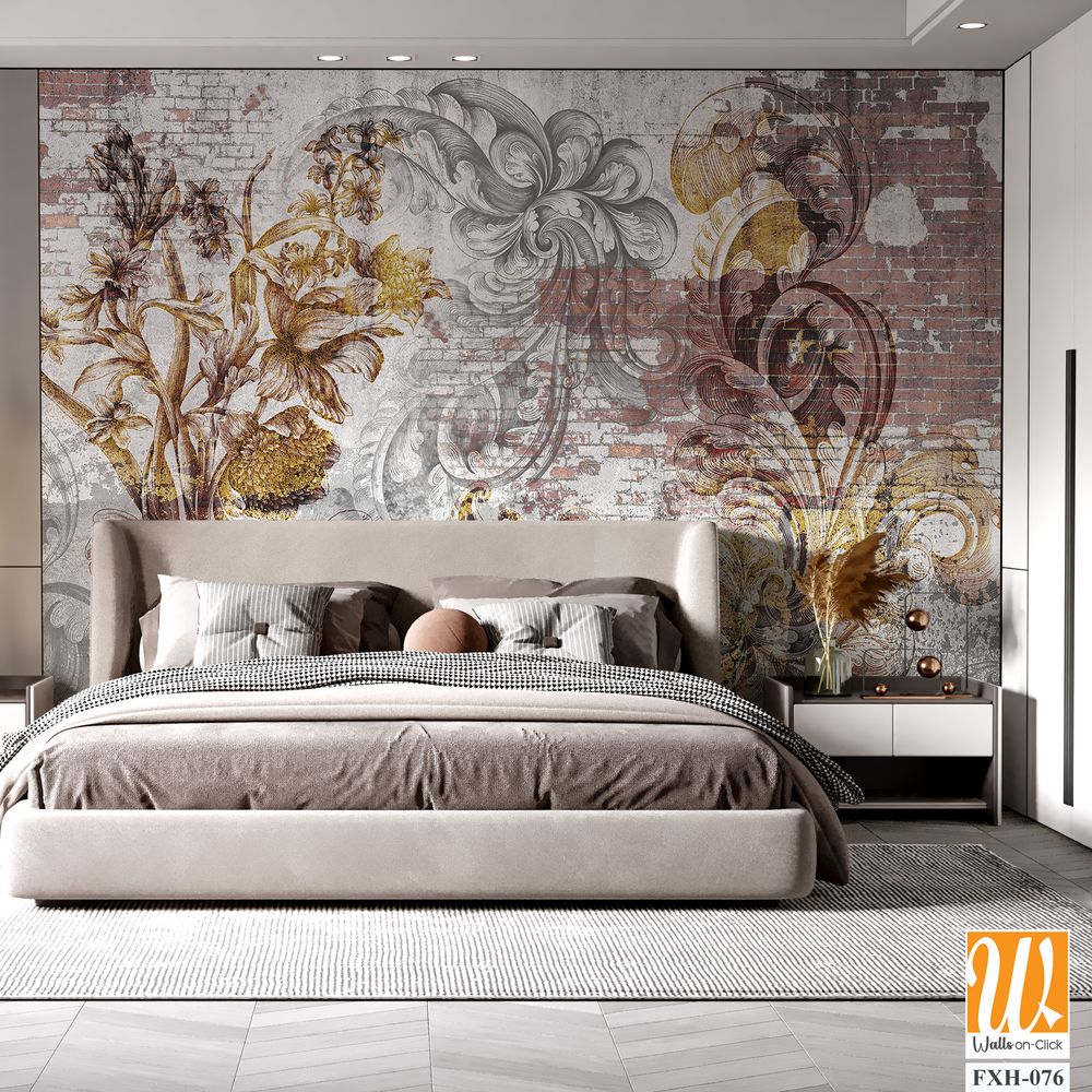 Wall mural, wallpaper, engraving on the wall, in the style of a loft. Flowers on a brick wall. Beautiful patterns on the wall. Mural design. Design loft, classic, modern. [WP-FXH-076]