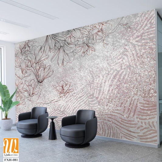 Floral background on a gray wall. Drawn flowers on a concrete background. Wall mural with magnolia flowers and geometry. Design for wall mural, postcard, wallpaper, photo wallpaper. [WP-FXH-081]