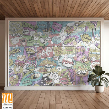 Wallpaper, photomurals in pin-up style for a children's room or teenagers. A wall of bright, colorful drawn comics and graffiti. [WP-FXH-082]