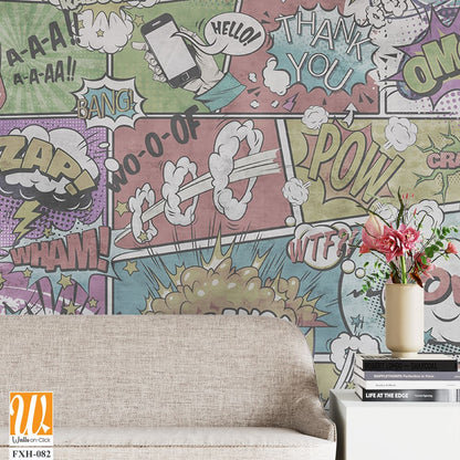 Wallpaper, photomurals in pin-up style for a children's room or teenagers. A wall of bright, colorful drawn comics and graffiti. [WP-FXH-082]