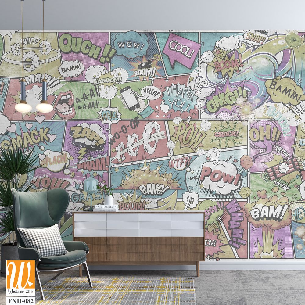 Wallpaper, photomurals in pin-up style for a children's room or teenagers. A wall of bright, colorful drawn comics and graffiti. [WP-FXH-082]