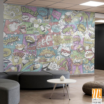 Wallpaper, photomurals in pin-up style for a children's room or teenagers. A wall of bright, colorful drawn comics and graffiti. [WP-FXH-082]