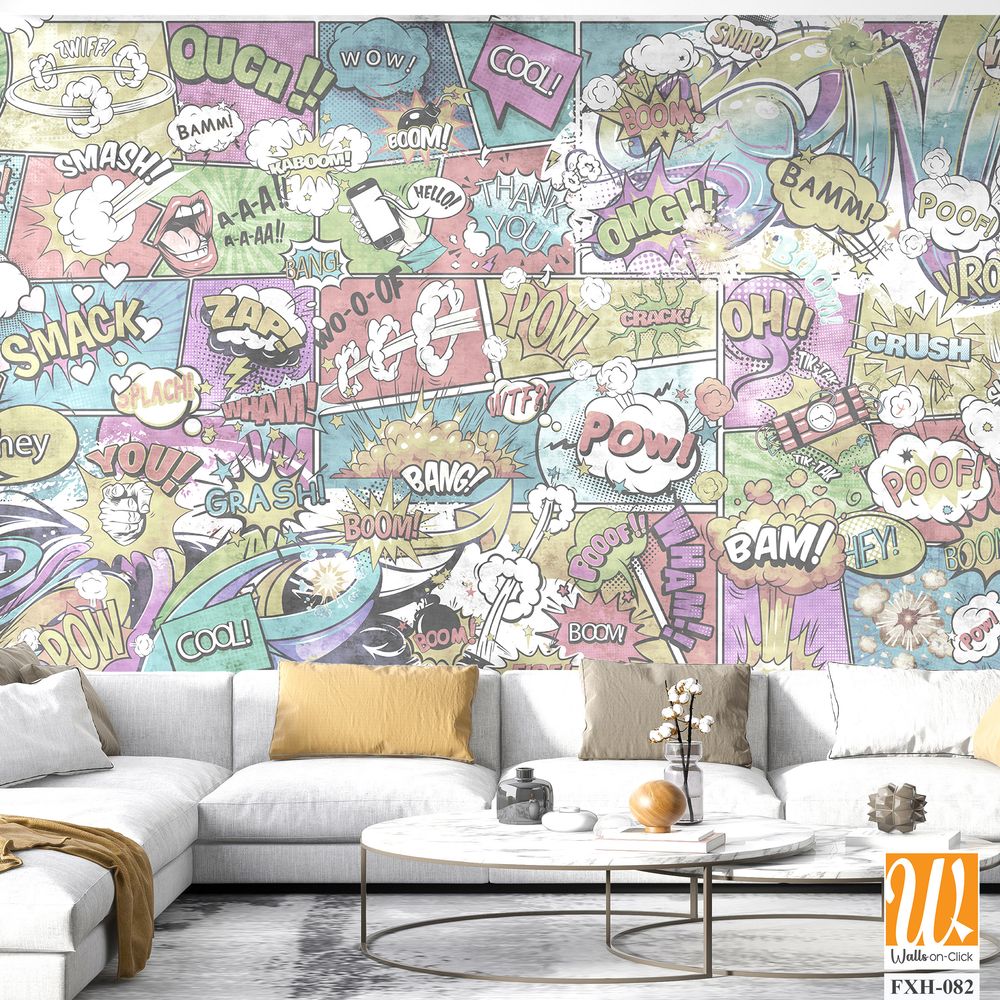 Wallpaper, photomurals in pin-up style for a children's room or teenagers. A wall of bright, colorful drawn comics and graffiti. [WP-FXH-082]