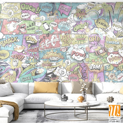 Wallpaper, photomurals in pin-up style for a children's room or teenagers. A wall of bright, colorful drawn comics and graffiti. [WP-FXH-082]