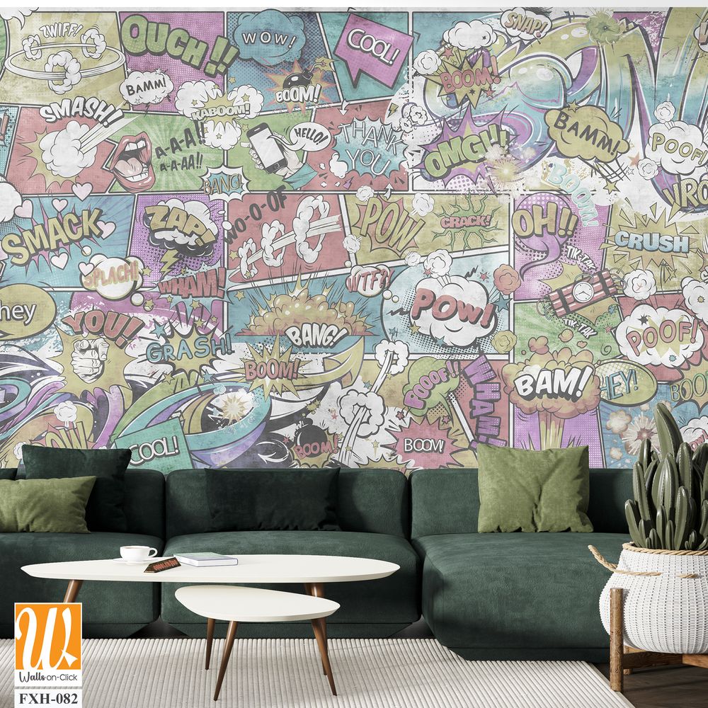 Wallpaper, photomurals in pin-up style for a children's room or teenagers. A wall of bright, colorful drawn comics and graffiti. [WP-FXH-082]