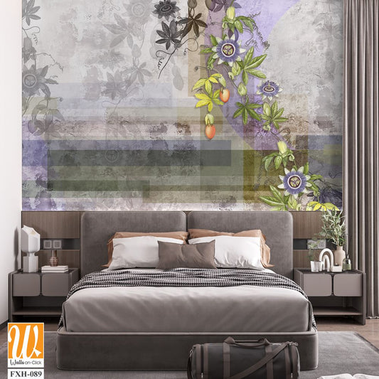 Painted tropic flowers on gray textured concrete wall. Passiflora flowers. Stunningly beautiful, vintage, modern wall murals, wallpaper, photowallpaper, cover, postcard on an concrete background. [WP-FXH-089]