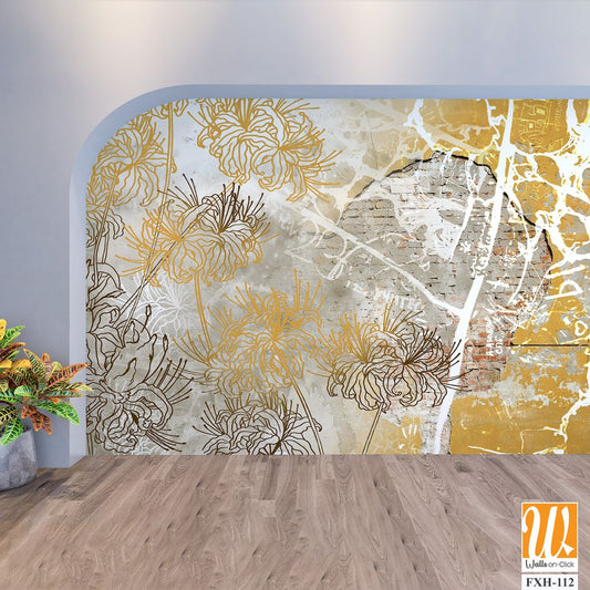 Wall mural, wallpaper design in the loft and modern style. Engraving on the wall. Fresco with flowers on a brick wall. [WP-FXH-112]