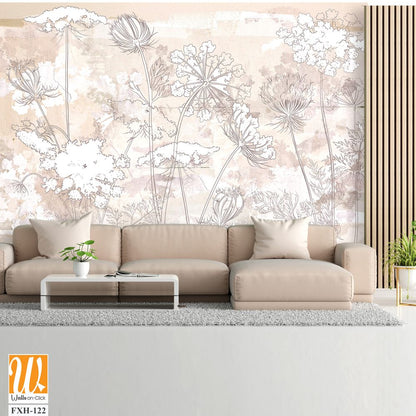 Graphic wildflowers painted on a brown concrete grunge wall. Floral background in loft, modern style. Design for wall mural, card, postcard, wallpaper, photo wallpaper. [WP-FXH-122]